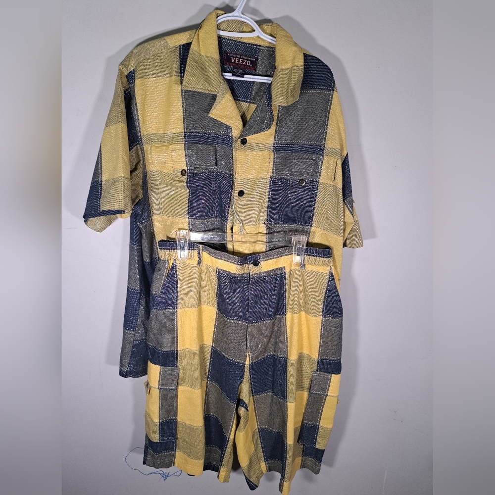 Veezo XL Yellow and Blue Plaid Shirt and Short Set